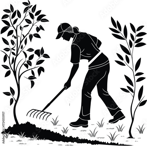 Gardener raking soil silhouette around plants vector