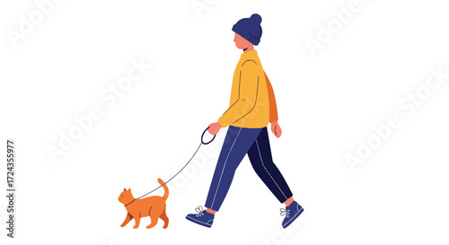 Stylized depiction of a person walking an orange cat on a leash in a minimalist setting