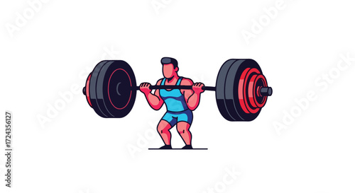 Cartoon illustration of a weightlifter performing a heavy barbell squat with stylized weights and form highlighting strength and fitness progression