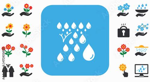 Stylized water droplets falling on a branch, representing environmental conservation and the importance of water resources, creating a clean and minimalist aesthetic.