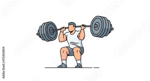 Illustrated weightlifter performing barbell squat exercise with intense focus and determination strength conditioning training and athletic prowess