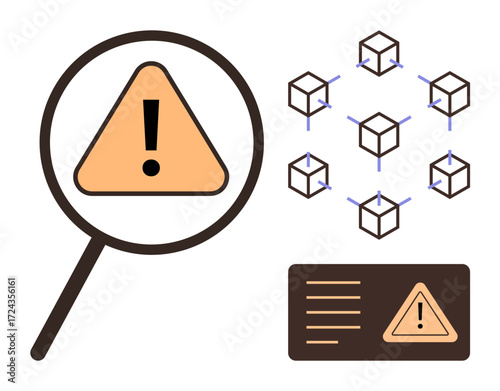 Magnifying glass focusing on warning icon, interconnected blockchain cubes, and card with warning. Ideal for risk analysis, cybersecurity, blockchain technology, data breaches, system