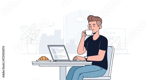 Relaxed freelancer enjoying coffee break while working on laptop at bright and modern home office setting while sipping hot beverage