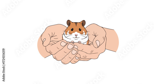 Cute cartoon hamster nestled safely within gentle human hands showcasing animal care illustration concept