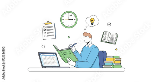 Conceptual illustration of a student planning and organizing tasks for academic success and efficient time management to achieve goals