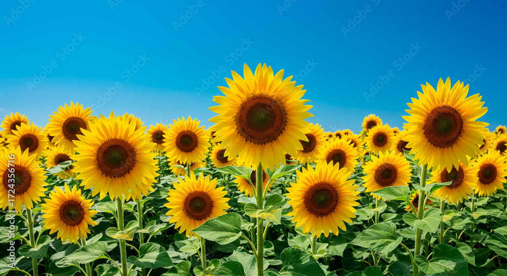 Fototapeta premium Vast field of bright yellow sunflowers under a clear blue sky