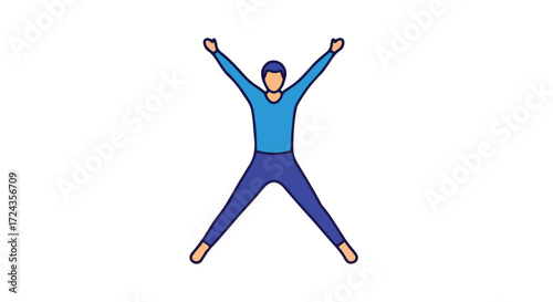 Active lifestyle: Cartoon illustration of a man performing jumping jacks fitness exercise routine on a white background showing energy and movement