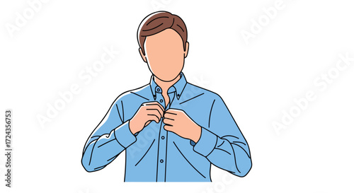Illustration of a faceless man buttoning up a blue shirt against a white background, capturing a sense of preparation and routine everyday wear