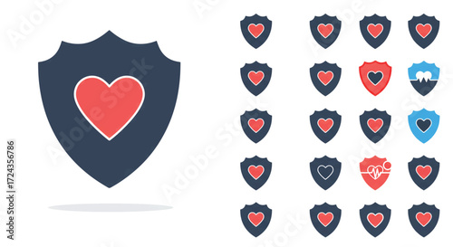 Heart symbol displayed on shield representing health protection and safety in a modern and clean style, conveying trust and security.