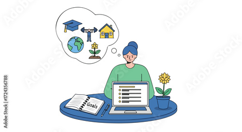 Conceptual Illustration of a Young Woman Planning Her Future Goals with a Laptop and a Notebook on Her Desk