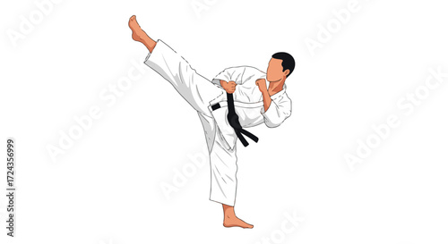 Illustration depicting an athletic male engaged in a dynamic karate side kick against a stark white backdrop promoting martial arts