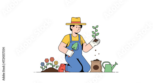 Illustration of a young man in overalls planting a seedling in a garden with flowers and gardening tools around him in a flat style