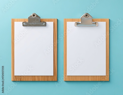 Two blank wooden clipboards on a teal background