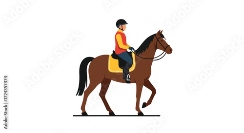 Equestrian sport vector illustration showing rider on a horse with minimalistic design and bright solid colors portraying horse training