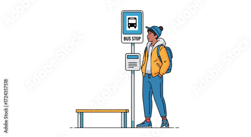 Illustration of a young person with a backpack waiting at a bus stop in urban environment on white background