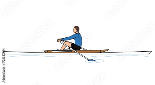 Isolated rower on a single scull, gliding through calm water during training session, side view of an athlete engaged in water sport