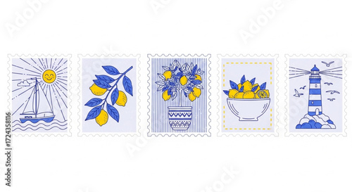 A charming set of postage stamps featuring nautical and citrus fruit illustrations in a simple blue and yellow line art style