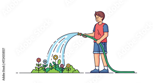 Illustration of a young man watering flowers with a garden hose on a sunny day, depicting outdoor hobby and gardening activity promoting greenery