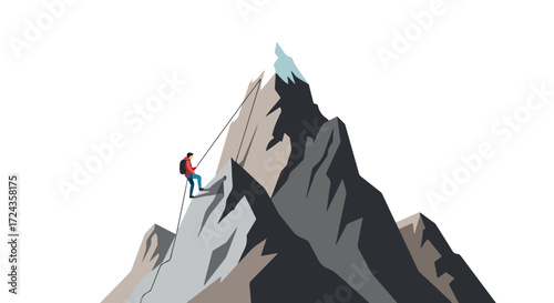 Illustrative depiction of a lone mountaineer scaling a stark mountain peak using a rope for guidance and support towards the summit