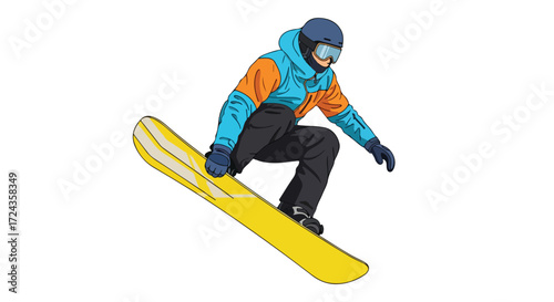Animated snowboarder gliding downhill on a bright yellow board under the clear winter sky, showcasing an active lifestyle and sport of snowboarding