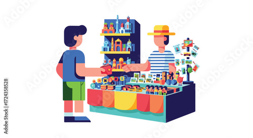 Buyer pays for purchase at outdoor vendor stall with travel keepsakes and toys for sale cartoon illustration vector isolated design