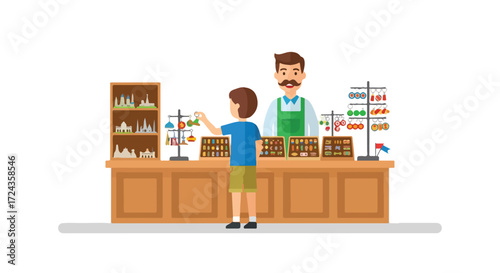 Engaging flat vector illustration of a boy at a souvenir shop with diverse cultural miniatures and artisanal trinkets for purchase