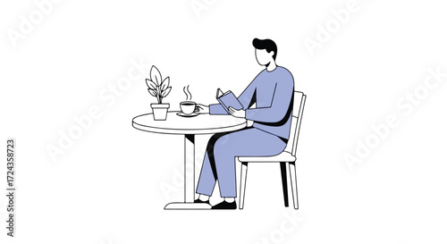 Illustration of a man reading a book while enjoying coffee in a cafe atmosphere indoors