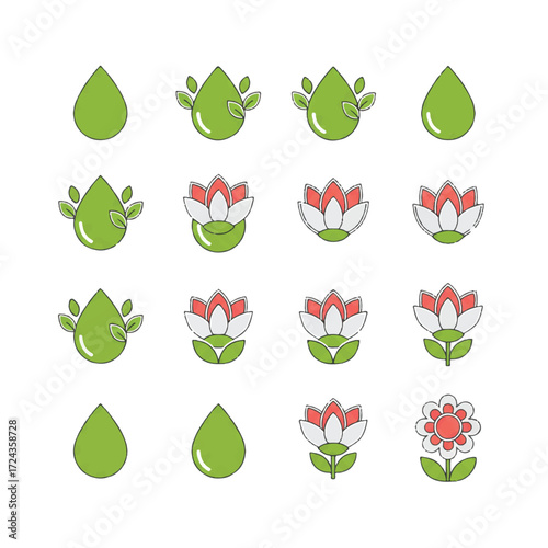 Green water droplet transforming into blooming flower representing environmental growth and sustainable development in nature.