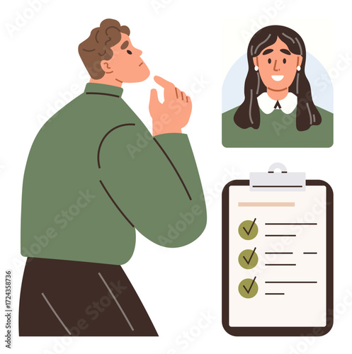 Man contemplating checklist and womans profile picture. Ideal for recruitment, planning, evaluation, decision-making, organization, hiring, teamwork. Symbolizes reflective and efficient planning