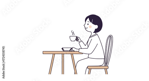 Illustration of a serene woman enjoying a peaceful coffee moment at the table in simple lines depicts relaxation and calm within the minimalist