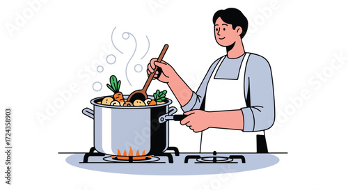 Culinary Preparation: A Chef Stirring Vegetables in a Pot on a Stove Ready to Plate and Enjoy a Meal Depicting Home Cooking Process