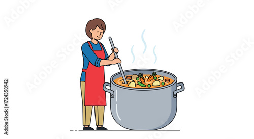 Woman preparing a large pot of vegetable soup, cartoon illustration of simmering meal preparation with fresh vegetables in a big metallic pot in a