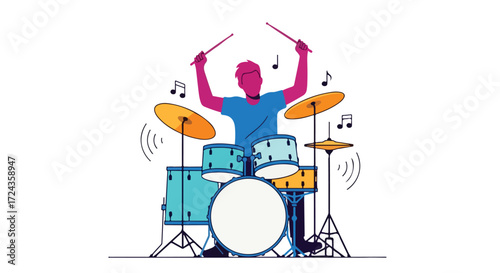 Dynamic drummer illustration showcasing vibrant colors, musical energy, and rhythmic passion for live performance stage