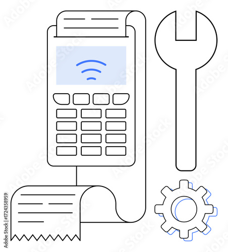 Digital payment terminal producing receipt alongside wrench and gear. Ideal for fintech, retail, maintenance, e-commerce, POS systems, customer support, and troubleshooting. Simple flat metaphor