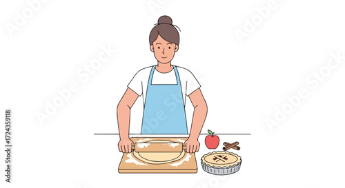 Woman creating an apple pie, rolling the dough, and enjoying the baking process in her kitchen atmosphere, preparing apple pie with fresh