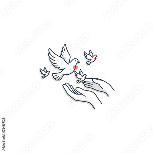 Hands release doves into the air symbolizing peace, hope, and new beginnings, depicted in a minimalist line art style on a clean white backdrop.