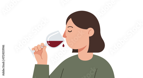 Illustration of a relaxed woman delicately tasting a glass of red wine against a plain white backdrop demonstrating sophisticated enjoyment