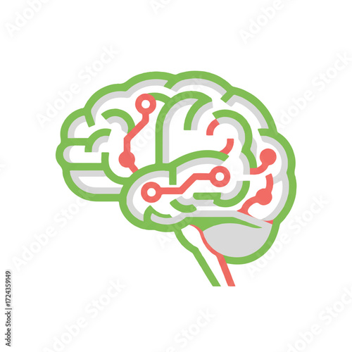 Stylized brain with circuit patterns represents artificial intelligence and neural networks in a modern, technological theme.
