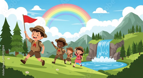 World Scout Day , the birthday of the Father of World Scouting A joyful troop of diverse young scouts on a hiking expedition through a vibrant mountain landscape with a beautiful rainbow and waterfall