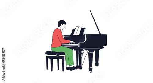 Illustration of a pianist playing a grand piano, emphasizing the beauty of musical expression and classical performance atmosphere