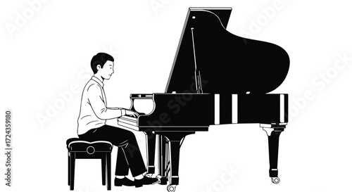 Monochrome illustration depicting a young man playing a grand piano with focus on musical performance artistic expression and classical music