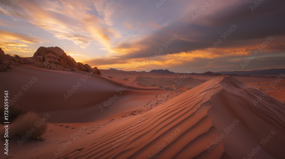 Naklejka premium Colorful Sky Landscapes: Morning Sunrise Clouds, Evening Dusk Hills & Red/Orange Sunset Desert Beauty