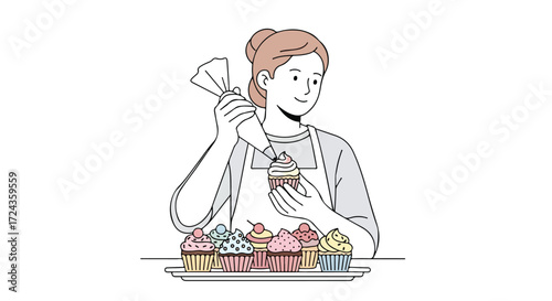 A baker woman gracefully adds a delicate swirl of creamy frosting to a cupcake, surrounded by tray cupcakes, an elegant culinary creation