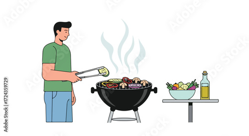 Illustrated scene depicting a man grilling fresh vegetables outdoors with a side salad showcasing healthy summer eating and a delightful backyard