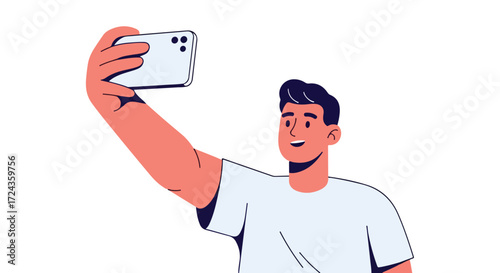 Man captures self-portrait with modern smartphone, showcasing connection and technology, embodying digital lifestyle through phone photography
