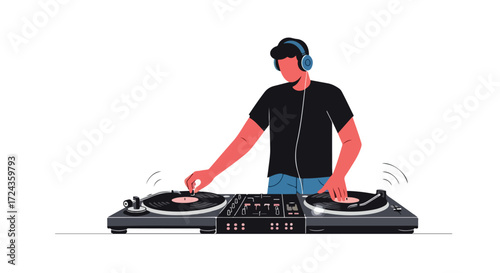 Illustrated disc jockey performing with headphones on turntables for an isolated background scene in vibrant colors