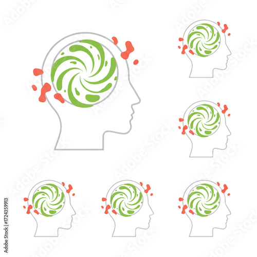 Human head shows swirling green energy with red particles representing thought process and mental state, suggesting creativity and innovation.