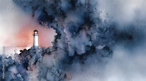Watercolor painting of a lighthouse in a stormy sea with dark clouds background.