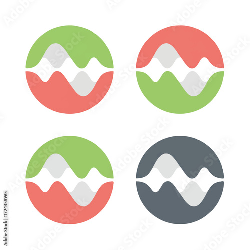 Abstract waveform shapes in colorful circles representing sound waves and audio signals for technology and communication, modern minimal style.