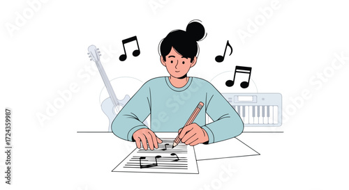 Creative musical composition: Talented songwriter passionately composing melodies on paper surrounded by musical instruments and floating notes